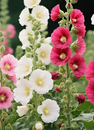 200pcs Mixed Color Hollyhock Seeds – Elegant, Vertical Flowers Loved by Bees and Butterflies