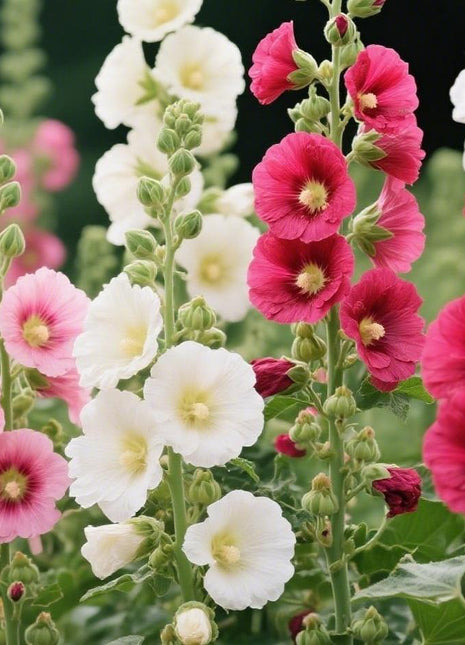 200pcs Mixed Color Hollyhock Seeds – Elegant, Vertical Flowers Loved by Bees and Butterflies
