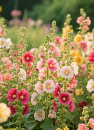 200pcs Mixed Color Hollyhock Seeds – Elegant, Vertical Flowers Loved by Bees and Butterflies