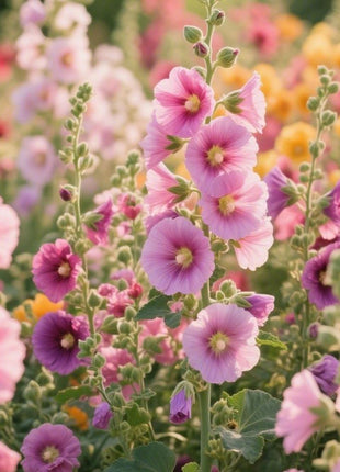 200pcs Mixed Color Hollyhock Seeds – Elegant, Vertical Flowers Loved by Bees and Butterflies