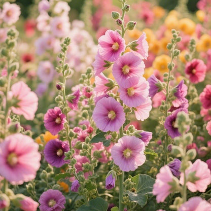 200pcs Mixed Color Hollyhock Seeds – Elegant, Vertical Flowers Loved by Bees and Butterflies